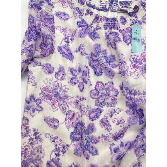 LOFT Women Petite Floral Clip Smocked Puff Sleeve Blouse Large - Picture 12 of 16